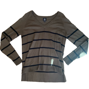 Bobeau V-Neck Sweater - Olive and Black Stripes